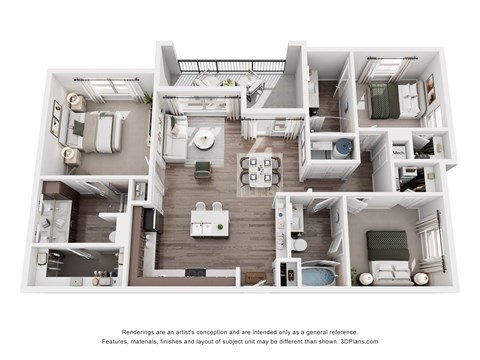 Floor plan for 3 beds, 3 baths, 1305 sqft